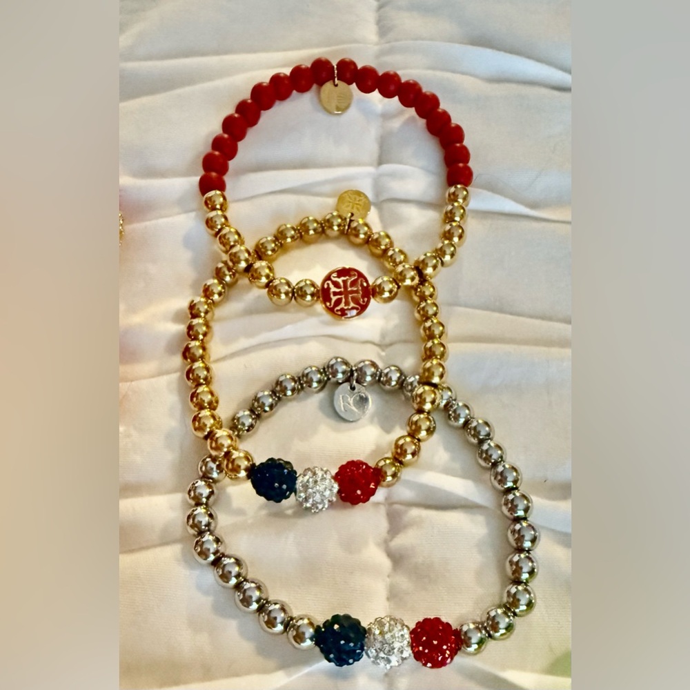 SET OF 3 - Beaded Rustic Cuff Red, Silver, Gold Beaded Bracelets